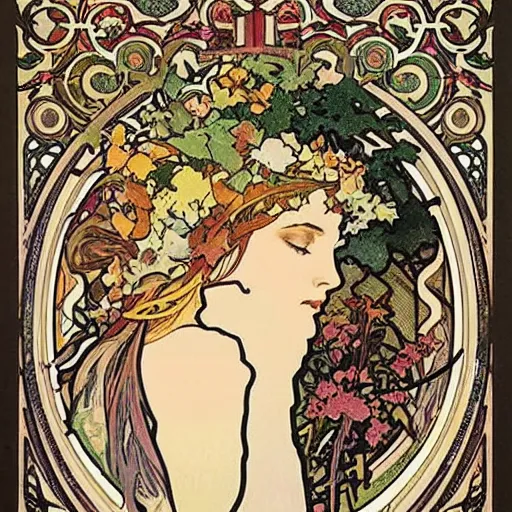 Image similar to Persephone in profile, by Alphonse Mucha, floral border, very beautiful