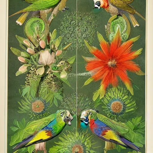 Image similar to beautiful elegant ernst haeckel fauna illustration of many greek cheek conures and flowers, ( greek cheek conure ) ( green cheeked parakeet ) ( pyrrhura molinae )