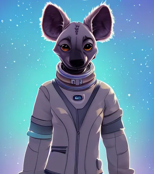 Image similar to digital detailed art of furry female hyena, in style of zootopia, fursona, furry, furaffinity, deviantart, wearing astronaut outfit, floating in space, space background, hyena fursona, cyberpunk, detailed face, style of artgerm,