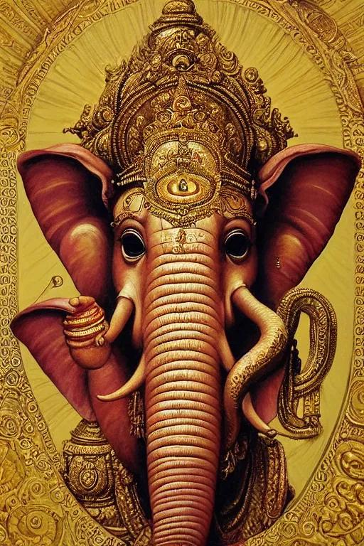 Prompt: hyper realistic painting portrait of ganesha, occult diagram, elaborate details, detailed face, intrincate ornaments, gold decoration, occult art, oil painting, art noveau, in the style of roberto ferri, gustav moreau, david kassan, bussiere, saturno butto, boris vallejo