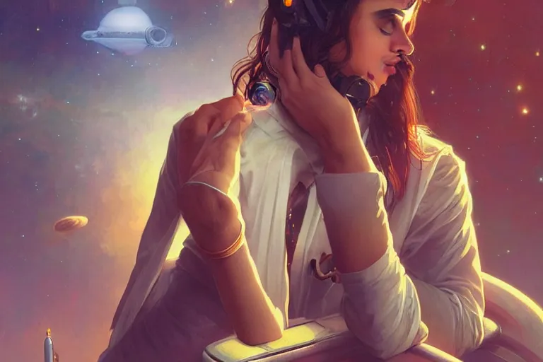 Image similar to Sensual good looking pale young Indian doctors wearing jeans in a space station above Earth, portrait, elegant, intricate, digital painting, artstation, concept art, smooth, sharp focus, illustration, art by artgerm and greg rutkowski and alphonse mucha