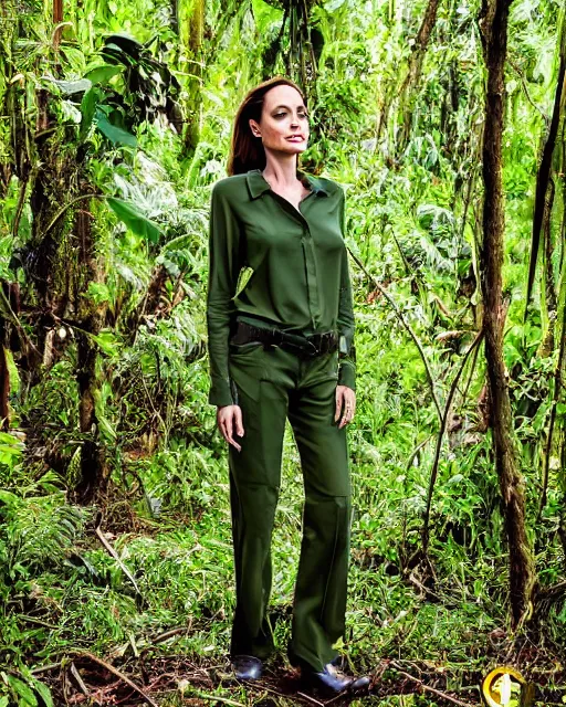 Prompt: angelina jolie wearing a green long sleeved shirt and cargo pants, encounters wild gorillas in the forests of the congo, photographed in the style of national geographic