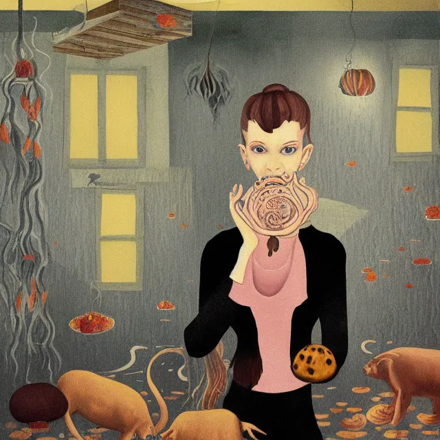 Image similar to tall female emo artist holding a pig in her flooded apartment, mushrooms, octopus, water gushing from ceiling, painting of flood waters inside an artist's apartment, a river flooding indoors, pomegranates, pigs, ikebana, zen, river, rapids, waterfall, black swans, canoe, berries, acrylic on canvas, surrealist, by magritte and monet