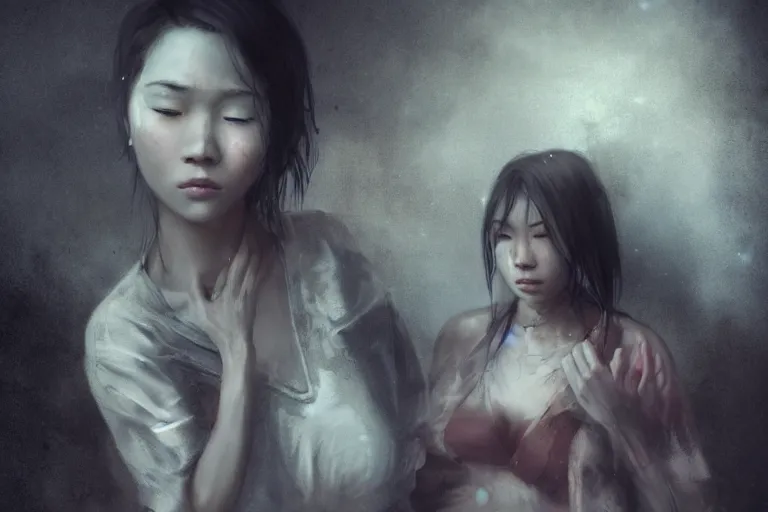 Prompt: abandoned college Asian Girls intervined, embraced in a common dream, soft lighting, dark mood, by Bastien Lecouffe-Deharme and Cedric Peyravernay, trending on artstation, 4k, 8k, HD