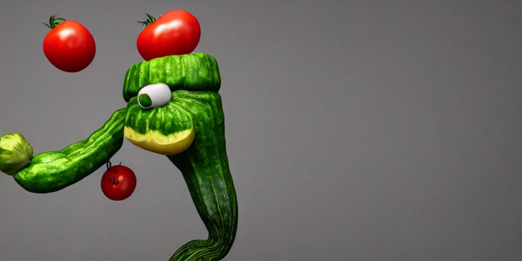 Image similar to detailed 3 d render of a masked zucchini character with arms and legs throwing knives after a frightened tomato burglar, hyper realistic octane render, cinematic lighting, deviantart, frame from independent movie