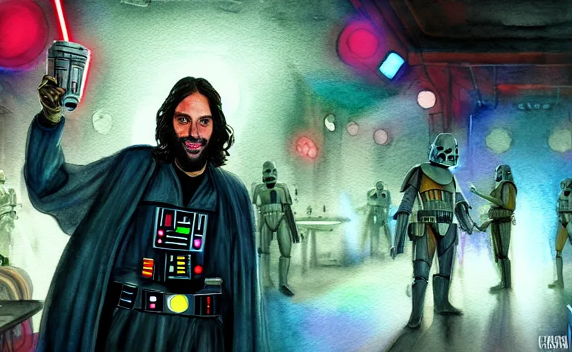 Image similar to an accurate realistic star wars watercolor fantasy concept art of a drug dealer that looks like chris d'elia looking crazy in a sleazy futuristic bar of coruscant, hq, 4 k