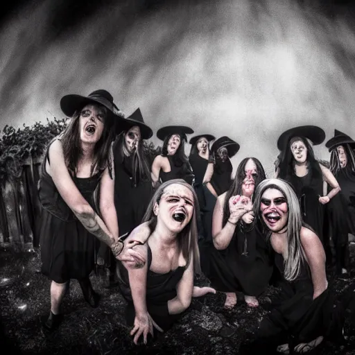 Image similar to a coven of witches, laughing and eagerly making fun of the camera!!!!!, fisheye!!!!! lens photography, lens distortion, chromatic aberration!!!!!, cgsociety contest winner, best on artstation, photorealistic photography, grim lighting, foreboding atmosphere, dark, nighttime, 4 k, 8 k