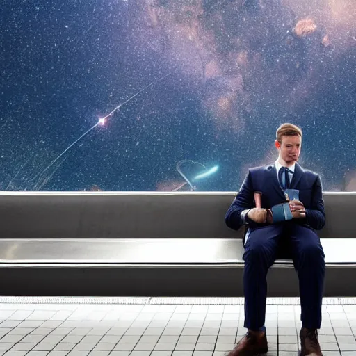 Prompt: a man in a suit waiting at a train station with a view of outer space on the other side, award-winning photograph