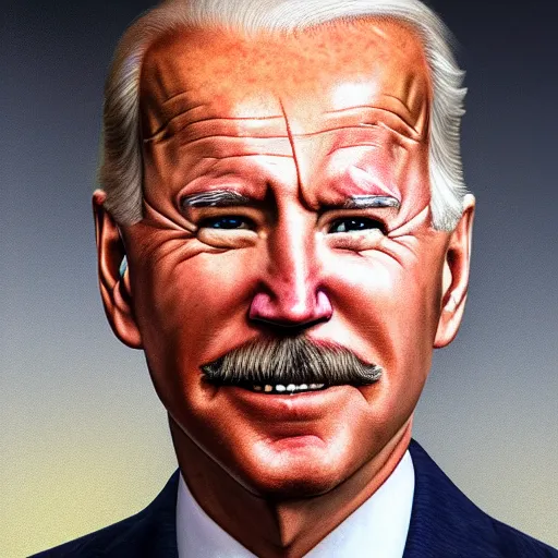 Image similar to Detailed portrait of Joe Biden with large mustache and mullet hair, 8k, realistic, 50mm photograph