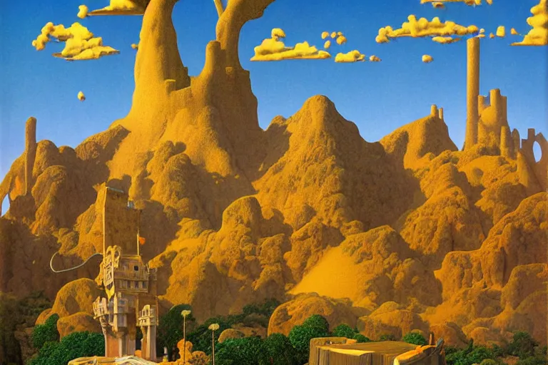 Image similar to a surreal fantasy landscape featuring a castle made of giant books, digital painting by maxfield parrish and michael whelan, photorealistic