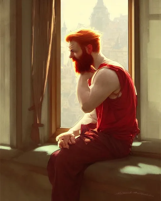 Image similar to attractive red - headed bearded man looking out the window expectantly, a small smile on his lips, highly detailed, digital painting, artstation, concept art, smooth, sharp focus, illustration, art by artgerm, greg rutkowski, alphonse mucha, j. c. leyendecker