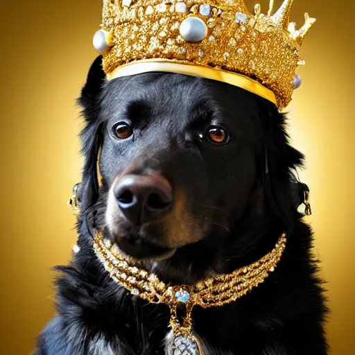 Image similar to A very realistic photograph of a dog wearing a golden crown with gems.