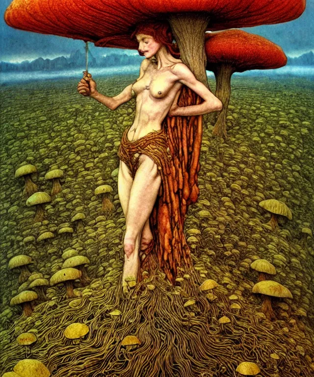 Image similar to A detailed funguswoman stands among the mushroom hills. Wearing a ripped mantle, robe. Perfect faces, extremely high details, realistic, fantasy art, solo, masterpiece, art by Zdzisław Beksiński, Arthur Rackham, Dariusz Zawadzki