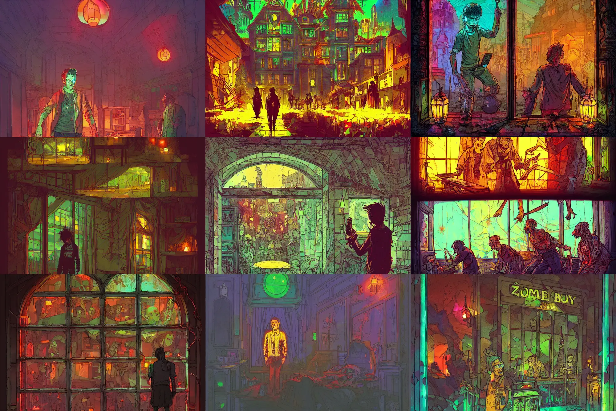 Prompt: hotel boy, zombie stained glass!! infographic with illustrations!!!, glowing lights, epic fantasy, colorfully, digital art, highly saturated colors, concept art, detailed illustration, hd, 4 k, digital art, greg rutkowski, dan mumford, studio ghibli trending on artstation