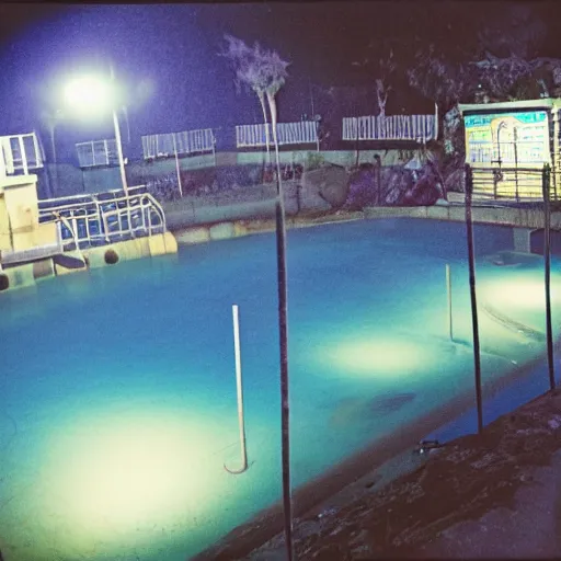 Image similar to a photo of an abandoned water park from the 1 9 9 0 s at night, disposable film