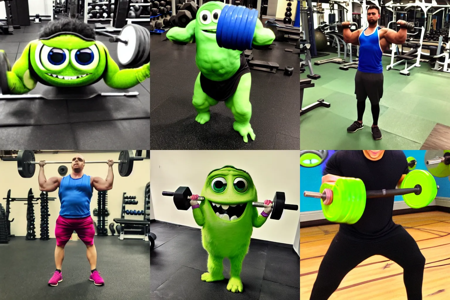 Prompt: mike wazowski lifting weights at the gym