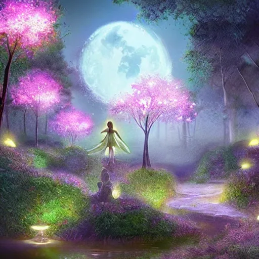 Image similar to fairy glowing magically at night concept art, realistic garden, beautiful, glorious, matte painting