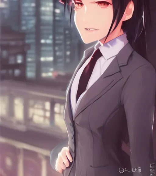 Prompt: a girl in a business, close up, sharp focus, red necktie, grey hair, city background, digital painting, by tran ross and jordan grimmer and greg rutkowski, anime art, artstation, hd, smooth,