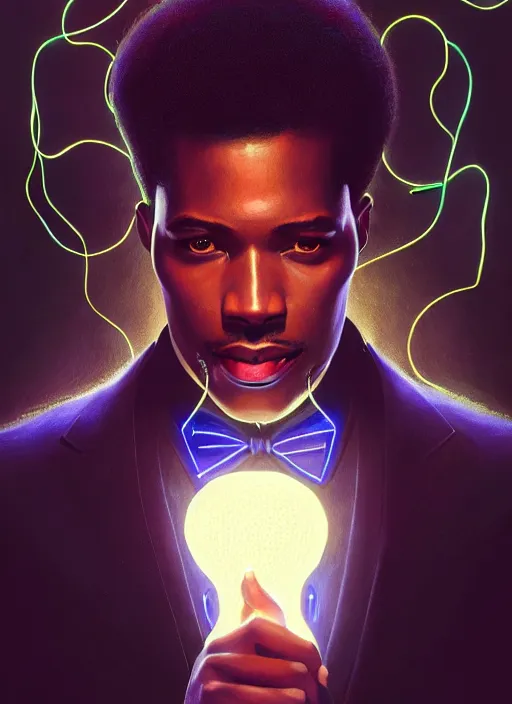 Prompt: portrait of handsome black man in tailored suit with telekinetic powers, afro - futurist style, intricate three dimensional displays, elegant, glowing lights, highly detailed, digital painting, artstation, concept art, smooth, sharp focus, illustration, art by wlop, mars ravelo and greg rutkowski