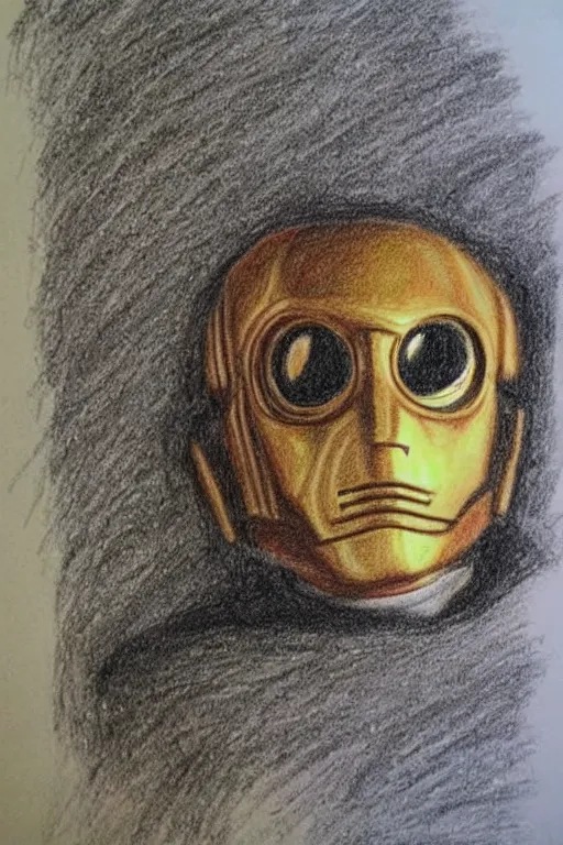 Prompt: child's drawing of c 3 po, crayon