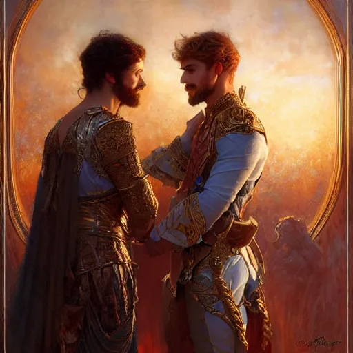 Image similar to attractive fully clothed king confesses his love for his attractive fully clothed male prince. highly detailed painting by gaston bussiere, tom bagshaw, craig mullins