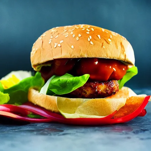 Image similar to a spicy crispy chicken burger, food photography, detailed, yum, sauce dripping down the side