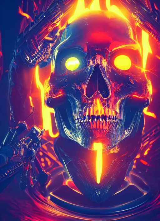 Image similar to a futuristic skull with glowing eyes and a flame fire background, cyberpunk art by android jones, behance contest winner, computer art, darksynth, synthwave, rendered in cinema 4 d