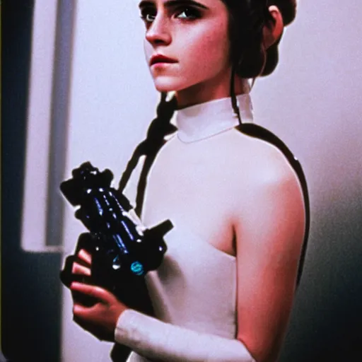 Image similar to film still of emma watson as princess leia organa in star wars, polaroid, photography, film, kodak