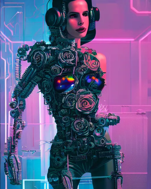 Image similar to portrait of lana del rey as a cyberpunk cyborg. sci - fi intricate abstract upper body intricate artwork, roses, rose petals by tooth wu, wlop, beeple, dan mumford. concept art, octane render, trending on artstation, greg rutkowski, asymmetrical, cinematic arthouse, key art, hyper realism, iridescent accents