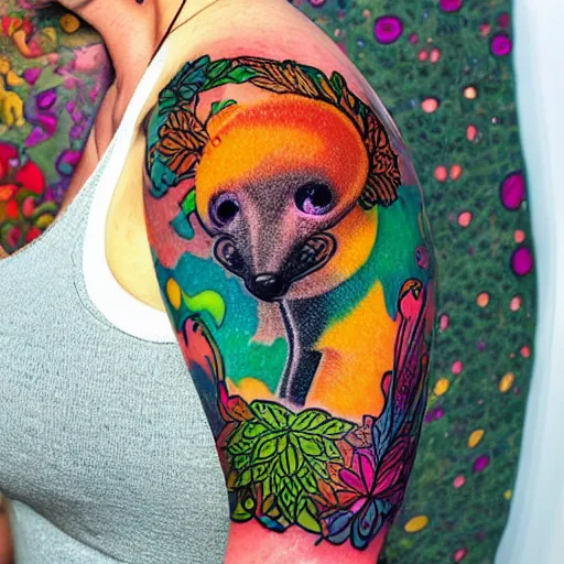 Image similar to shoulder tattoo of a multicolored psychedelic cute galago, eyes are colorful spirals, surrounded with colorful sparkeling flowers and irisdescent marihuana leaves, insanely integrate