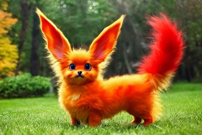 Image similar to real life flareon pokemon, cute!!!, heroic!!!, adorable!!!, playful!!!, fluffly!!!, happy!!!, cheeky!!!, mischievous!!!, ultra realistic!!!, autumn, clear weather, ( golden hour ), sharp focus