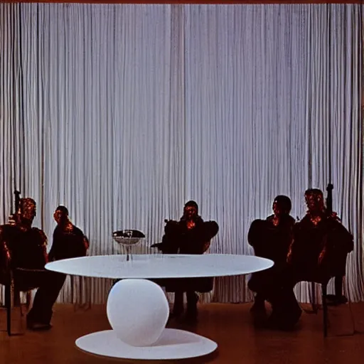 Prompt: decadent 1970s science fiction imperial court sitting around elaborate white table, by Carvaggio and Rembrandt