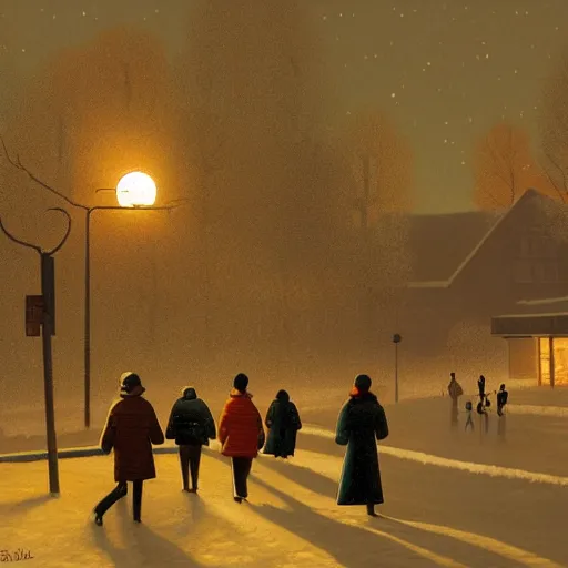 Image similar to winter town centre inspired by Evgeny Lushpin, Peter Zumthor,bus,people walking winter sunset,full moon,p