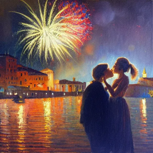 Image similar to an oil painting of couple kissing, in a background fireworks in venice