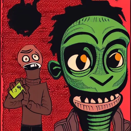 Image similar to a dark brown humanoid, hyper detailed, in the style of jamie hewlett and and jamie hewlett and jamie hewlett, selfie