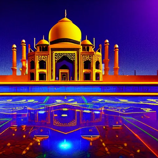 Prompt: if The Taj Mahal was built in cyberpunk 2077, hyper-realistic, futuristic, neon lights, digital art, cinematic 3d render