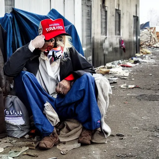 Image similar to donald trump dressed as a homeless man living in the slums