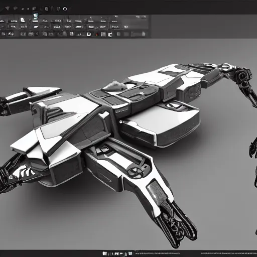Image similar to hard surface, robotic platform, based on realistic spaceship, 6 claws, symmetric, unreal engine