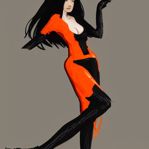 Prompt: a woman wearing black and orange clothes, full body shot, red hair, highly detailed, digital painting, artstation, concept art, smooth, sharp focus, illustration