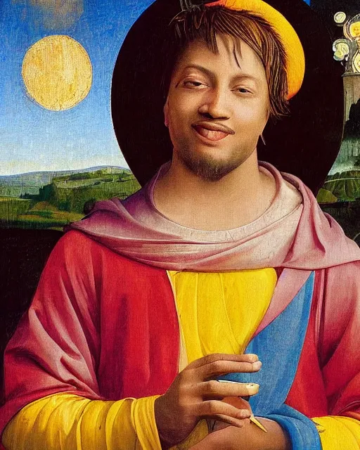 Prompt: rapper juice wrld legend rockstar smiling with a yellow halo above his head by fra angelico renaissance painting