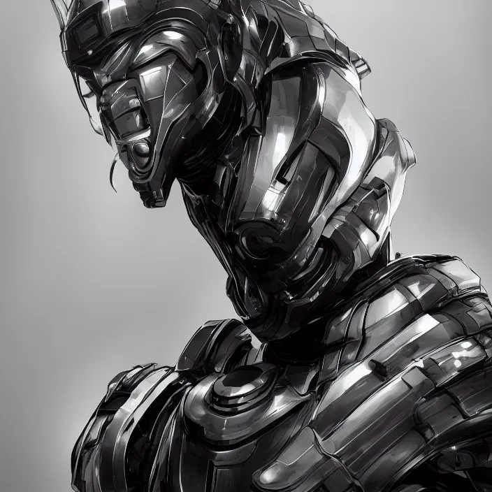 Image similar to a top down shot of a character in an spaceship by nihei tsutomu, front facing the camera, dramatic black and white, modern clean reflective obsidian dark black armor, highly detailed, 3 d render, vray, octane, realistic lighting