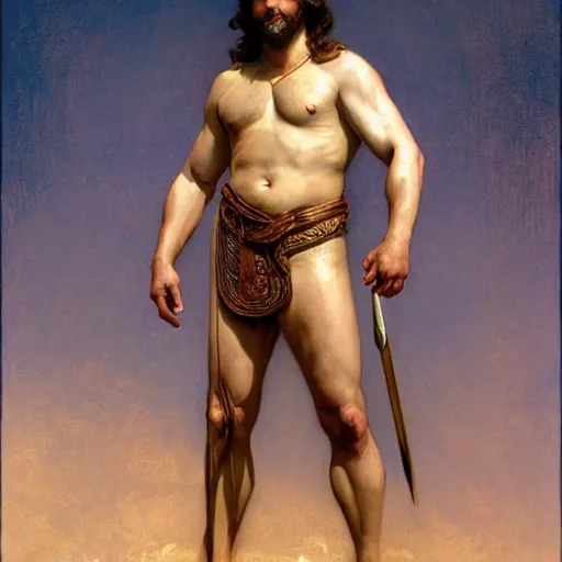 Image similar to full body portrait muscular paul rudd as the biblical adam, natural lighting, path traced, highly detailed, high quality, digital painting, by gaston bussiere, craig mullins, alphonse mucha j. c. leyendecker