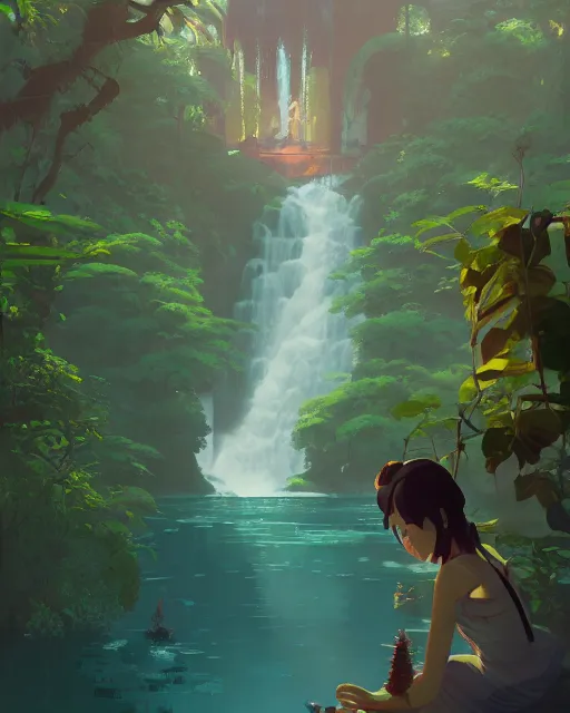 Prompt: a gorgeous temple, lush vegetation, waterfalls, cory loftis, james gilleard, atey ghailan, makoto shinkai, goro fujita, character art, rim light, exquisite lighting, clear focus, very coherent, plain background, soft painting