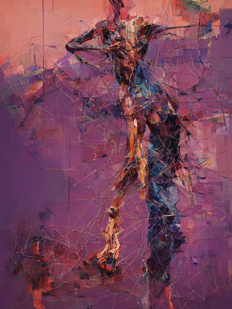 Image similar to a beautiful glitched geometric painting by robert proch and emilio pettoruti of an anatomy structure study of the human nervous system on top of rectangle shapes, color bleeding, pixel sorting, copper oxide and rust materials, brushstrokes by jeremy mann, dramatic lighting, pastel purple background