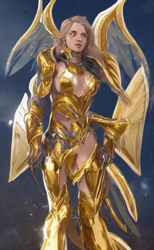 Image similar to Concept art, angel knight girl in golden and silver armor adorned with sapphire gems, artstation trending, cinematic, highly detailded