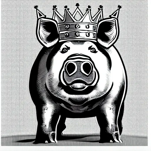Image similar to standing pig wearing a gold crown on it's head black and white illustration concept art in the style of Arthur Adams, full body 8k