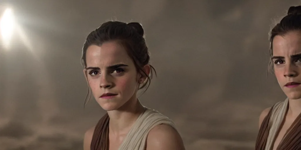 Prompt: emma watson as rey in the new star wars movie, cinematic, detailed, lens flare