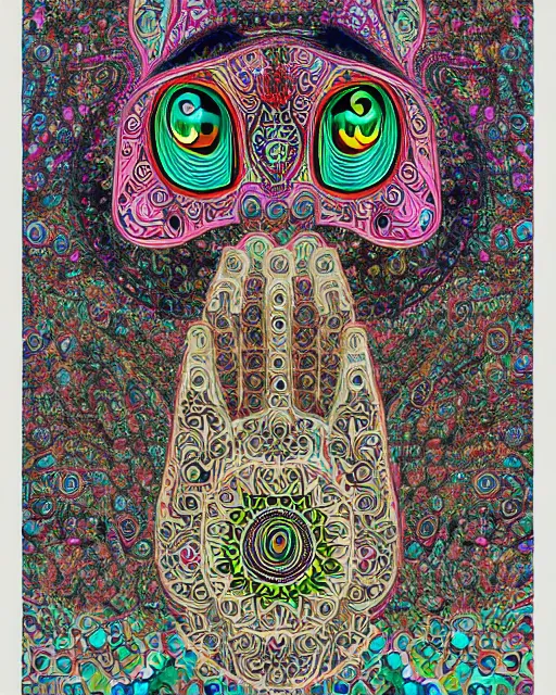 Prompt: hamsa cat with a single cyclops all-seeing eye intricate ceramic sculpture, drippy glazed dripping glaze Turkish Anatolian ceramic, highly detailed large sculpture object, finely hand painted intricate psychedelic op-art glitch patterned black colorful metallic decorative maximalist sculpted balanced, design by Felipe Pantone, isolated on white 8k octane render