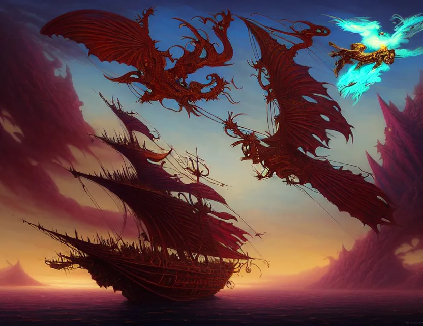 Image similar to the flying magical tana'ri galleon soars through the planes, amazing d & d planescape style art, trending on artstation, beautiful digital painting in the style of dan mumford, volumetric lighting, intricate details, ultra realistic, art by kev chan, fantasypunk, deep colors, cgsociety, by art germ, by gerald brom, by peter mohrbacher