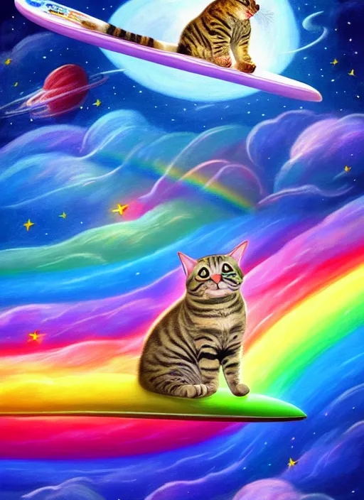 Image similar to a chubby tabby cat surfing on a rainbow in outer space, diffuse lighting, fantasy, intricate, surrealism!!!!, highly detailed, lifelike, photorealistic, digital painting, artstation, illustration, concept art, smooth, sharp focus,